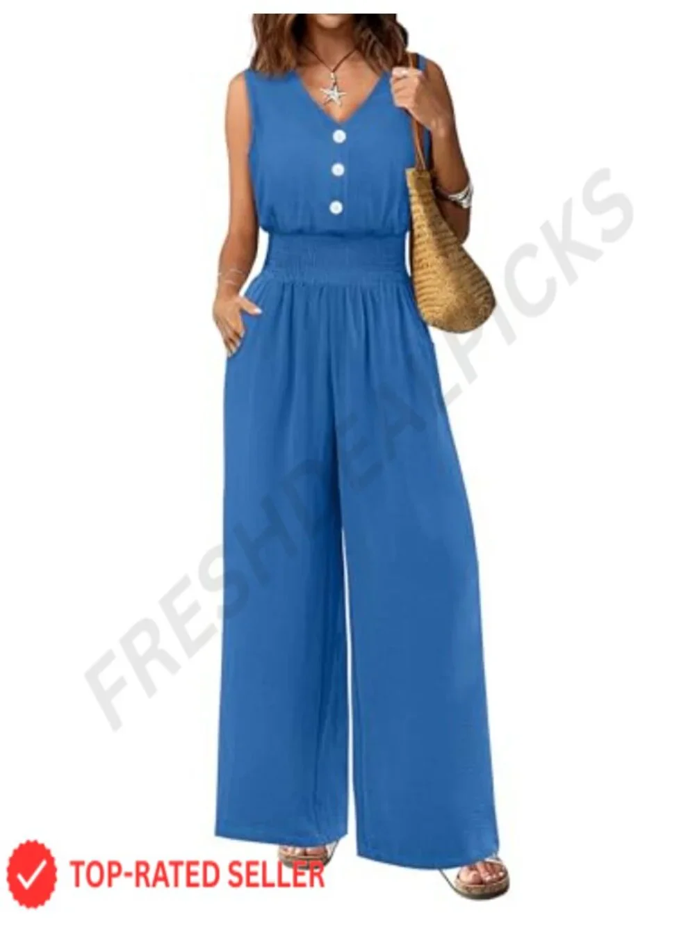Dressy Casual Sleeveless Wide Leg Jumpsuit with Pockets, Smocked Waist